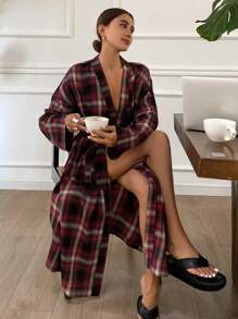 DAZY Plaid Casual Loose Fit Long Sleeve Bathrobe, Pajama, Cozy Outfit, Fall & Winter - Red - View 4