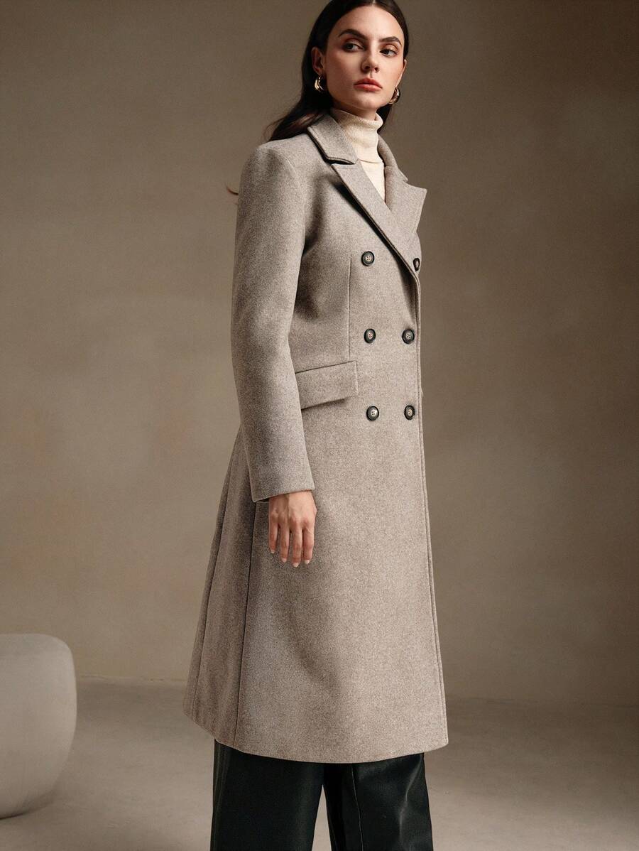 Anewsta Áo khoác dệt kim dài tay mùa thu/đông cho nữ, cài nút đôi thanh lịch, ve áo tay thường, túi, dáng thường, màu xám trơn, áo khoác ngoài cho nữ, hoạt động ngoài trời - Xám - Xem 1