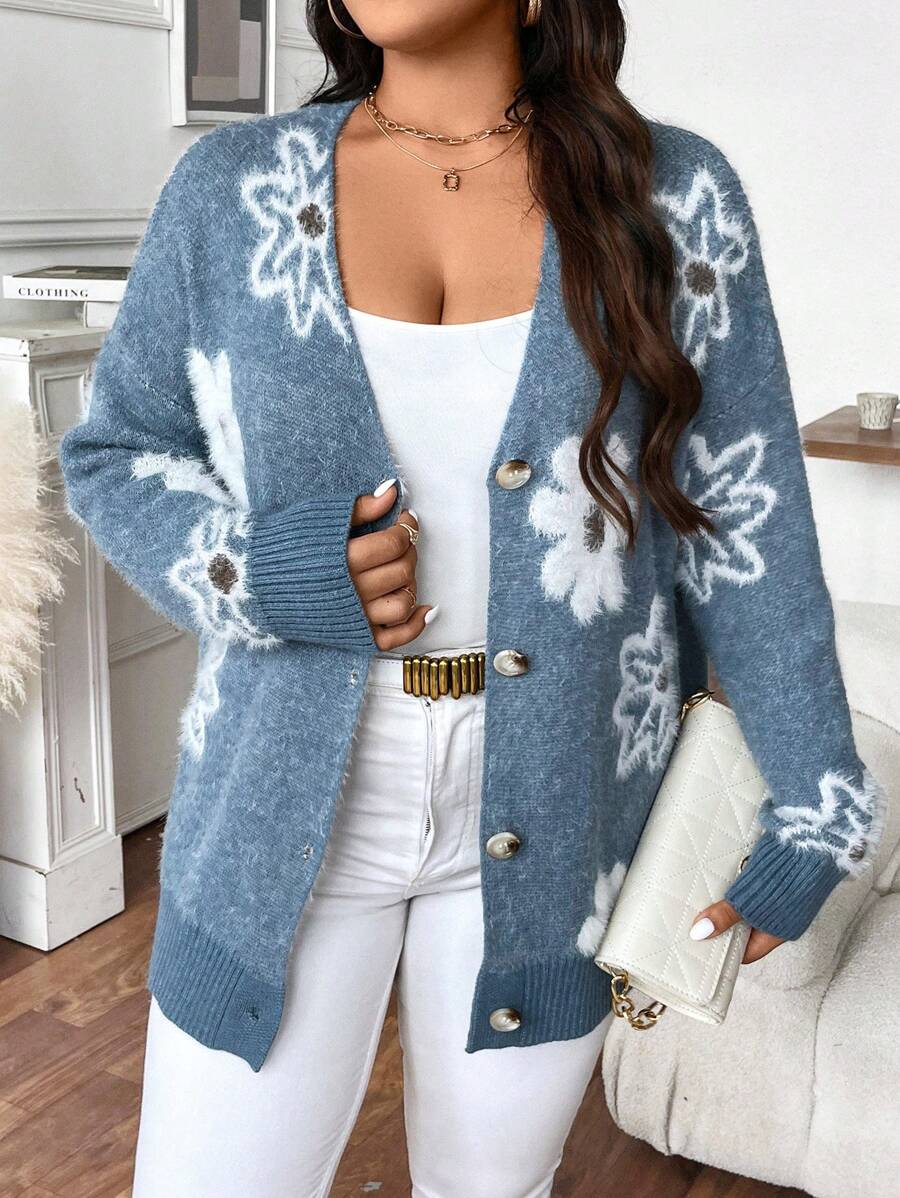 EMERY ROSE 大码花卉印花纽扣休闲长袖开衫，适合冬季 - 藍色 - 查看 1