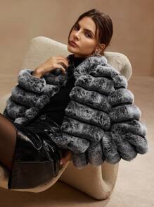 Anewsta Short Length Black & Faded Dual Color Embossed Fuzzy Jacket, Women Cold-Proof Coat