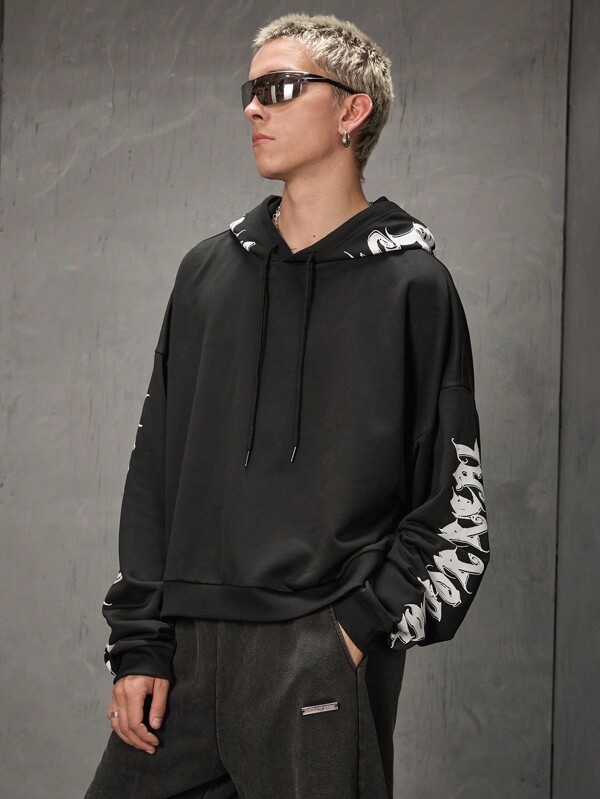 Manfinity VCAY Men's Loose Fit Drop Shoulder Casual Long Sleeve Letter Graphic Y2k Hooded Sweatshirt, Couple Matching, For Fall Winter