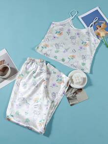 女士睡衣套装 - 细肩带露背上衣和全身印花休闲裤 - 彩色 - 查看 2