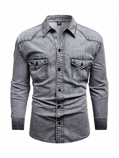Manfinity Homme 大码男式浅灰色段染牛仔休闲衬衫