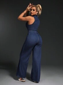 SHEIN SXY Mono de mezclilla de mujer sin mangas y de unicolor, de estilo sencillo