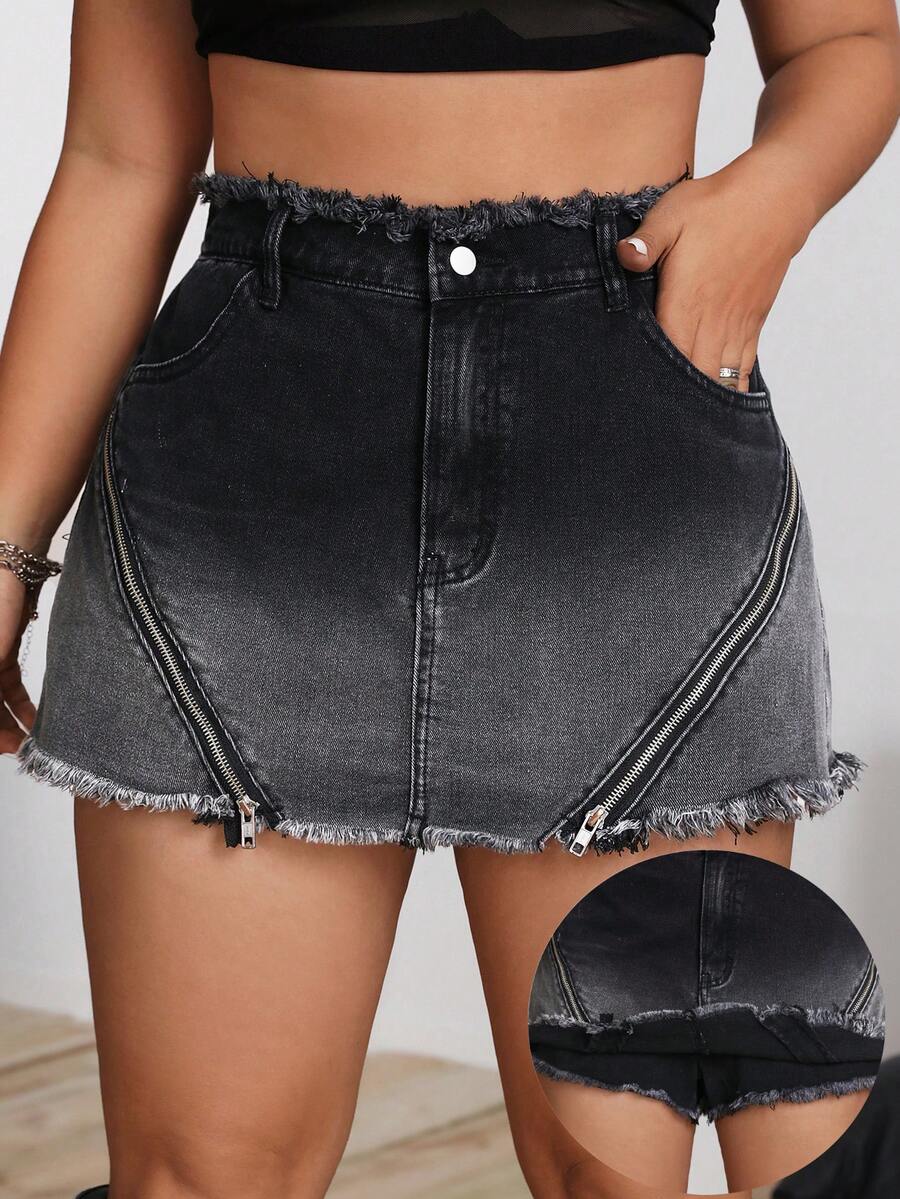 SHEIN ICON 大码女式高腰拼接流苏休闲黑色牛仔短裙 - 黑色 - 查看 1