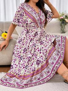 Breezaya 女士花卉印花复古 V 领短袖连衣裙 - 紫色 - 查看 1