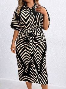 SHEIN Clasi Vestido Camisa com Botões na Frente Bloco de Cores em Espinha de Peixe para Verão, Plus Size, Estilo Casual para Mulheres - Preto - Visão 4