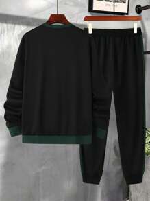 Manfinity Homme Plus Size Men's Striped Letter Print Crew Neck Sweatshirt And Contrast Color Drawstring Straight Pants Set - Multicolor - View 2