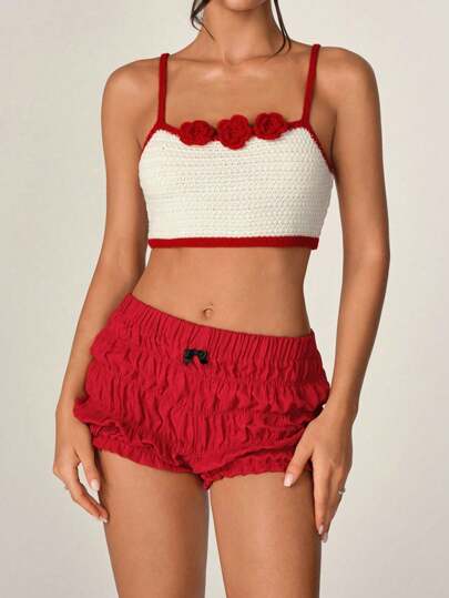 Lunelith SHEIN Lunessa Camiseta de punto suave casual con crochet de flor en 3D y borde con bloque de color, ideal para el verano