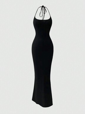 Sweetra Women Fitted Halter Mermaid Dress, Black Maxi Women Outfit