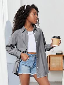 SHEIN Camisa deportiva casual de manga larga a rayas tejida estilo universitario para niñas preadolescentes