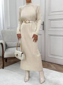 EURMUSE Women High Neck Drop Shoulder Cool Cozy Long Maxi Sweater Dress - Beige - View 7