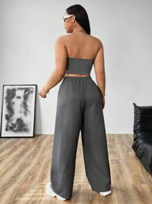 Flirla Conjunto de 2 piezas de top tubo de unicolor y pantalón cargo de talla grande - Gris Oscuro - Ver 2