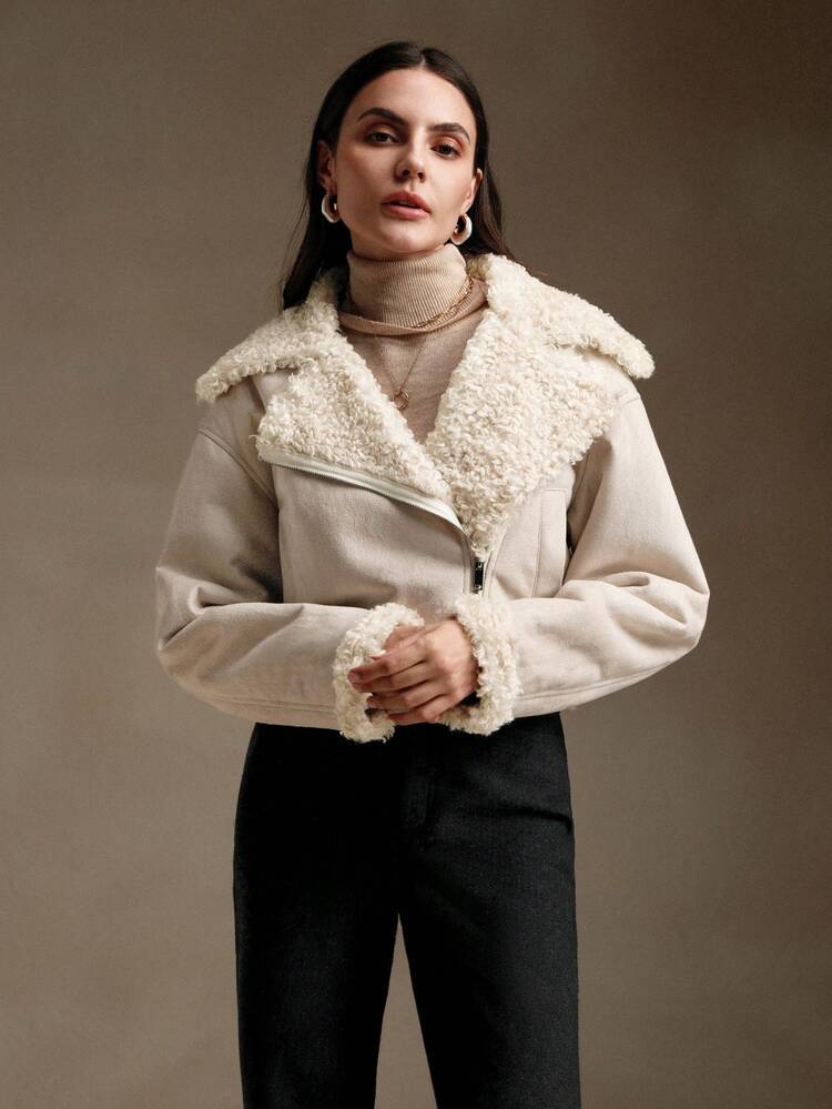 Chaqueta corta de mujer con bloque de color, cuello de solapa y bolsillos dobles