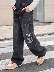 SHEIN Explorewe Boys' Loose Fit Personalized Letter Pattern Jeans, Denim Pants - Black - View 3