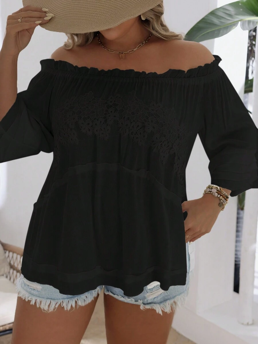 SHEIN VCAY Plus Size Women Off Shoulder Simple Solid Color Casual Blouse - Black - View 1