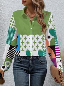 SHEIN LUNE Women Geometric Print Button Front Casual Shirt - Green - View 4