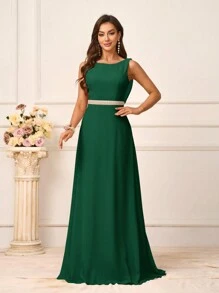 SHEIN Belle 女士浪漫粉色雪纺圆领吊带背心，配珍珠饰边腰带，露背珍珠链装饰，A 字裙，适合婚礼季节、母亲节、女士正式伴娘礼服、优雅连衣裙 - 墨綠色 - 查看 2