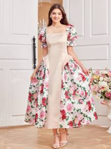 SHEIN Vestido elegante florido com mangas bufantes contrastantes para adolescente