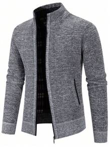 Manfinity Mode Blogger-Style Colorblock Ribbed Knit Sweater Jacket With Faux Fur Collar, Casual & Versatile, Autumn/Winter Fur, For Fall