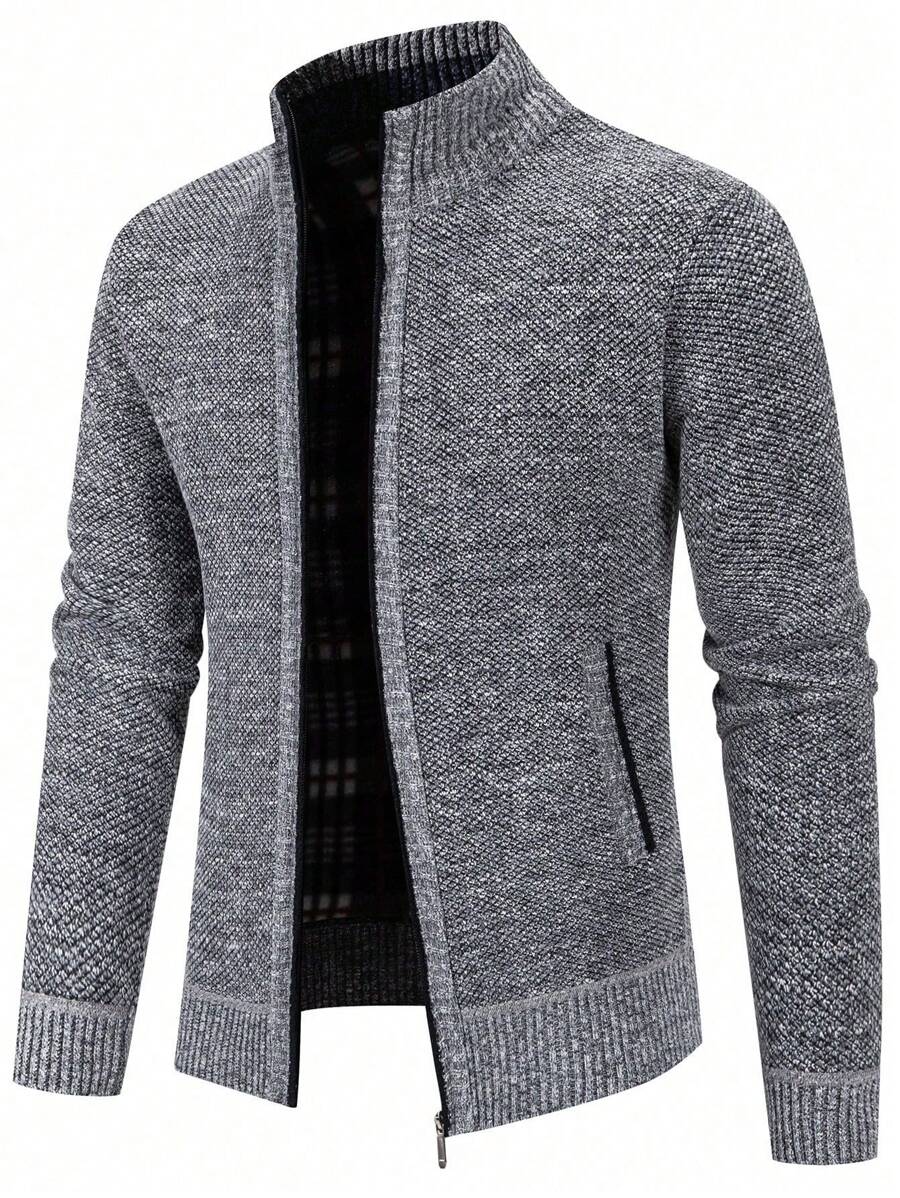 Manfinity Mode Blogger-Style Colorblock Ribbed Knit Sweater Jacket With Faux Fur Collar, Casual & Versatile, Autumn/Winter Fur, For Fall