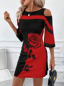 SHEIN Clasi Vestido midi elegante con hombros abiertos, estampado de rosas y bloques de color para mujer