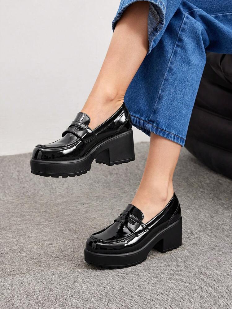 CUCCOO BIZCHIC Stitch Detail Platform Loafer Shoes For Summer Vacation Shoes Summer Back To School Shoes College Student Shoes Elegant Basics Business Casual Business Chic Sorceress Spring Shoes Spring Break Easter For Christmas Spring Shoes - Black - View 6