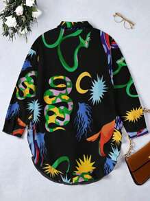 Calvaya Plus Graphic Print Button Front Shirt - Black - View 2