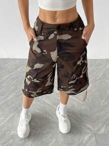 SHEIN Unity Quần short công sở mùa hè ống rộng in ngụy trang - Nhiều màu - Xem 5