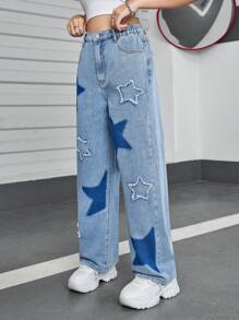 SHEIN Explorewe Teenage Girls' Fashionable Washed Flare Jeans With Star Embroidery - Medium Wash - View 5