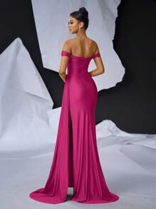 Glamrae Elegant Off Shoulder Ruched Bodycon High Slit Fishtail Maxi Evening Dress With Train, Formal Gown, For Wedding Guest, Graduation, Dinner Party Dress - Hot Pink - View 2