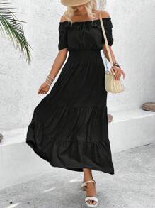 Breezaya Vestido Feminino de Cor Única com Gola Cruzada e Bainha Frisada, Estilo Casual de Verão - Preto - Visão 6