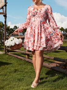 Flirla Vestido de manga larga con cuello en V y estampado floral para tallas grandes