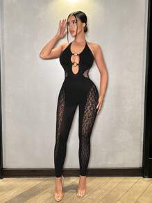 VaVaBold Modischer, sexy Leoparden Muster Mesh Rückenfrei Catsuit mit Trägerhals