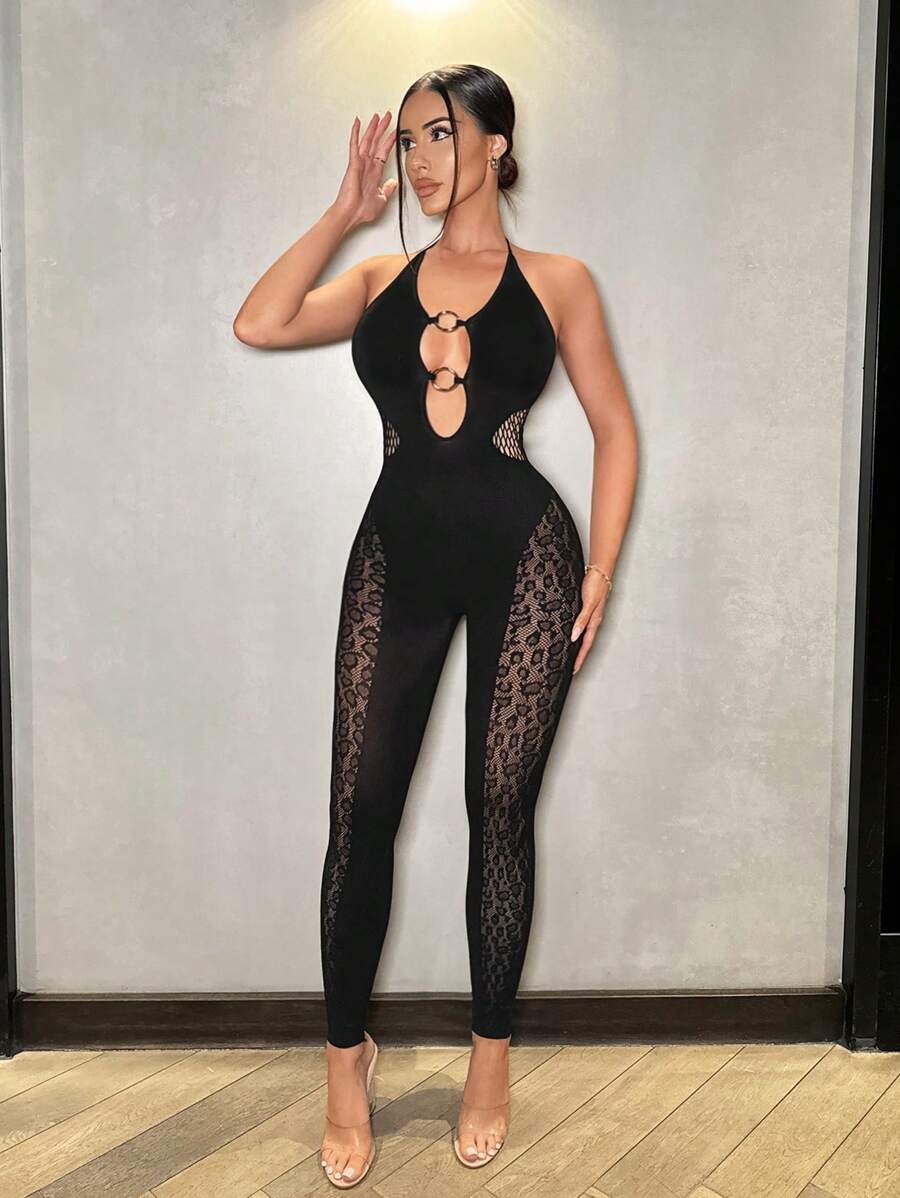 VaVaBold Modischer, sexy Leoparden Muster Mesh Rückenfrei Catsuit mit Trägerhals