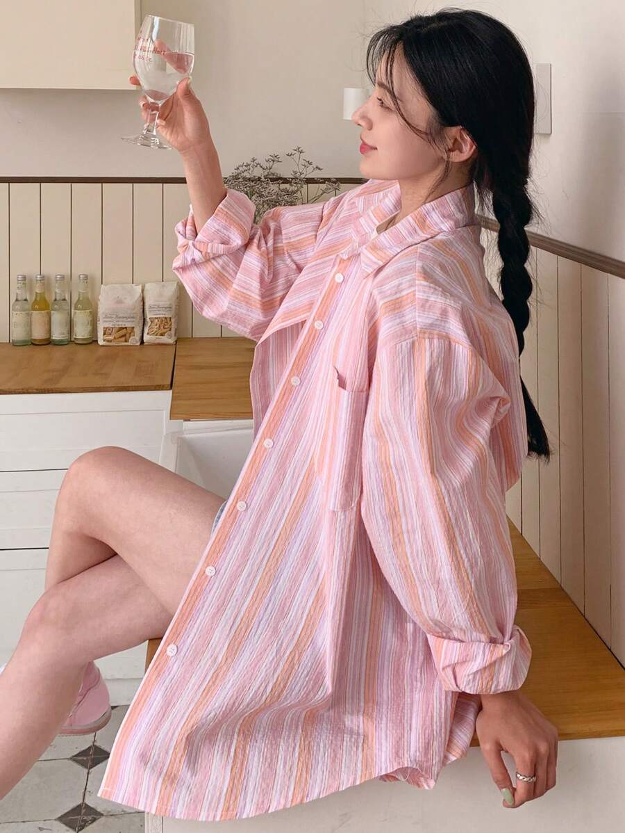 DAZY 女士条纹翻领长袖宽松衬衫，秋装 - 粉色 - 查看 1