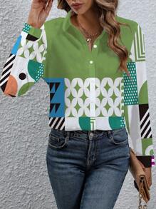 SHEIN LUNE Women Geometric Print Button Front Casual Shirt - Green - View 5