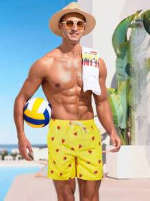 Surfspeed Men Watermelon Applique Print Drawstring Casual Beach Shorts With Pockets, Summer - Yellow - View 3