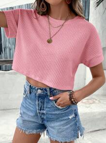 SHEIN VCAY Áo thun tay cánh dơi trơn mùa xuân - Hồng - Xem 4