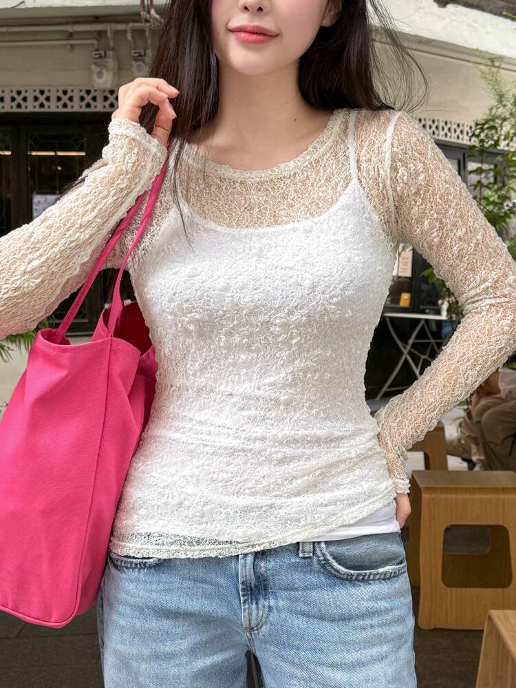 Women's Solid Color Slim-Fit Sheer T-Shirt, Spring & Summer Going Out Tops Long Sleeve Women Tops,Fall Women Clothes