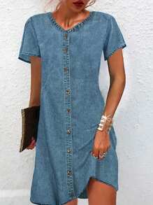 Buttoned Women's Denim Dress - Medium Wash - View 1