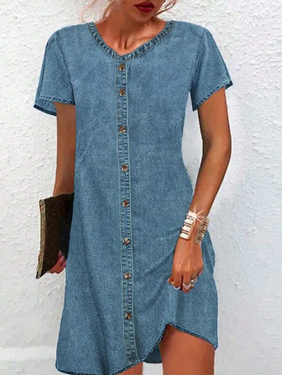 Buttoned Women's Denim Dress - Medium Wash - View 1