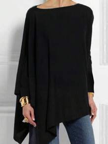 Plus Size Women's Round Neck Solid Color Long Asymmetric Hem Shirt, Minimalist And Elegant, Suitable For Outings And Home Wear. Women's Summer Clothing, Business Casual - Black - View 2