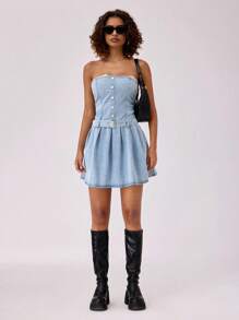 Forever 21 淺藍色洗水牛仔微迷你摺褶連鈕洞短裙 - 藍色 - 查看 6