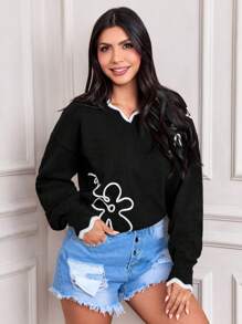 SHEIN LUNE Jersey de cuello en V con bloques de color floral de otoño/invierno para mujer