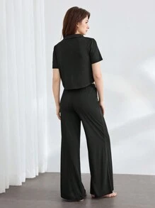 Ocili Leisure Comfortable & Smooth  Loose Fit Short Sleeve Pants Pajama Set - Black - View 2