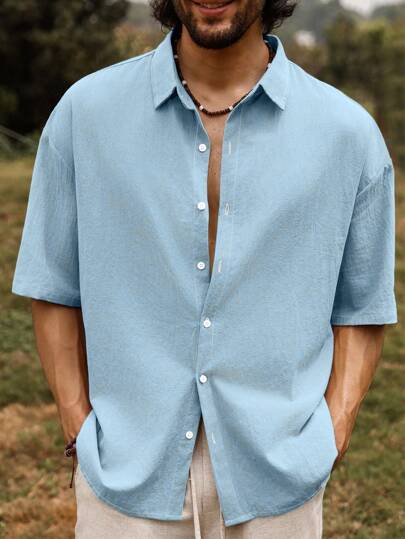 Manfinity RSRT Camisa de verano de algodón para hombres de unicolor con diseño holgado de manga corta, cuello con solapas y hombros caídos