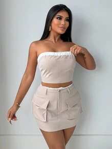 Mistrie 荷葉邊管狀上衣與翻蓋口袋短裙 - 杏色 - 查看 8