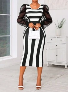 SHEIN Lady Váy midi tay bồng in họa tiết hình học kẻ sọc đen và tương phản cỡ lớn cho nữ, trang phục đi chơi mùa thu, váy dạ hội, quần áo mùa thu cho nữ - Đen và trắng - Xem 3