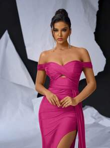 Glamrae Elegant Off Shoulder Ruched Bodycon High Slit Fishtail Maxi Evening Dress With Train, Formal Gown, For Wedding Guest, Graduation, Dinner Party Dress - Hot Pink - View 3